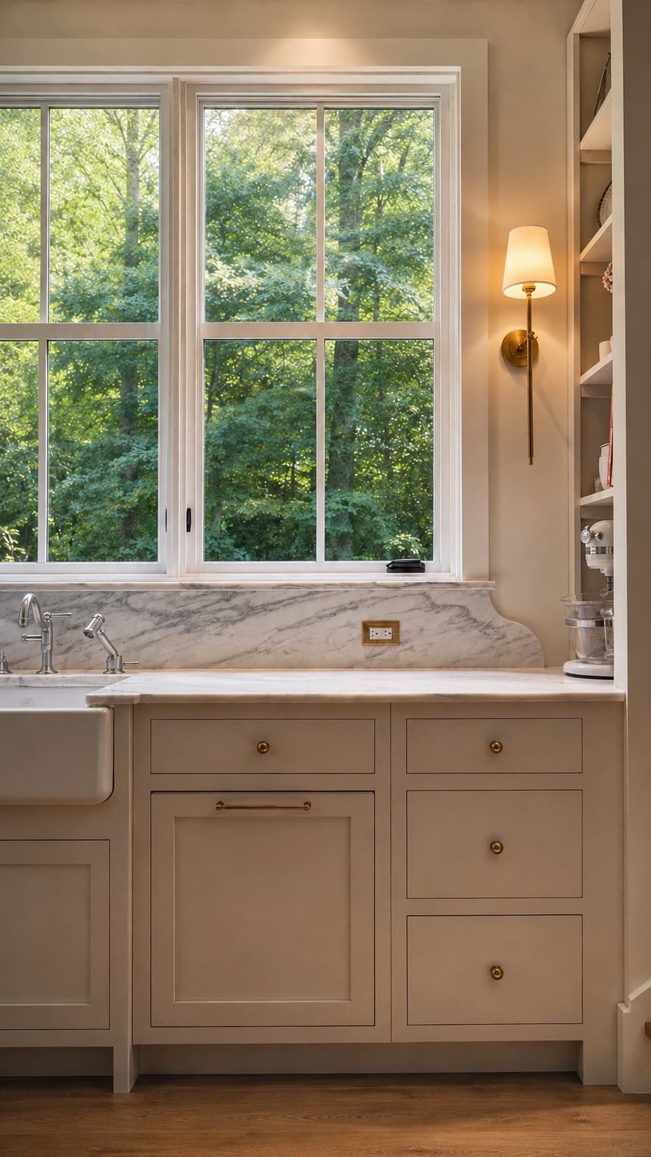 Kitchen with marble backsplash and farmhouse sink