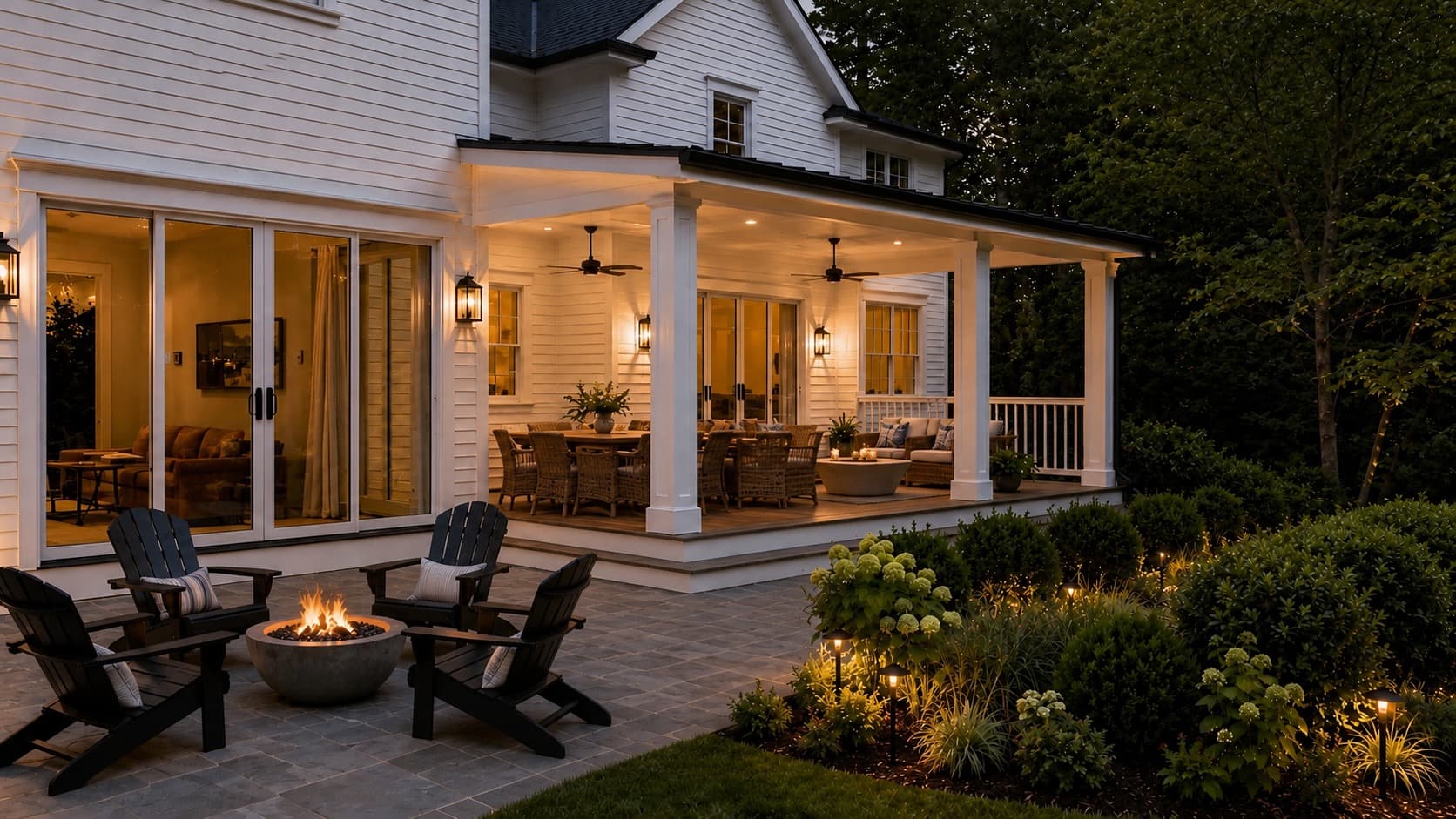 Rendering of covered porch with fire pit at dusk