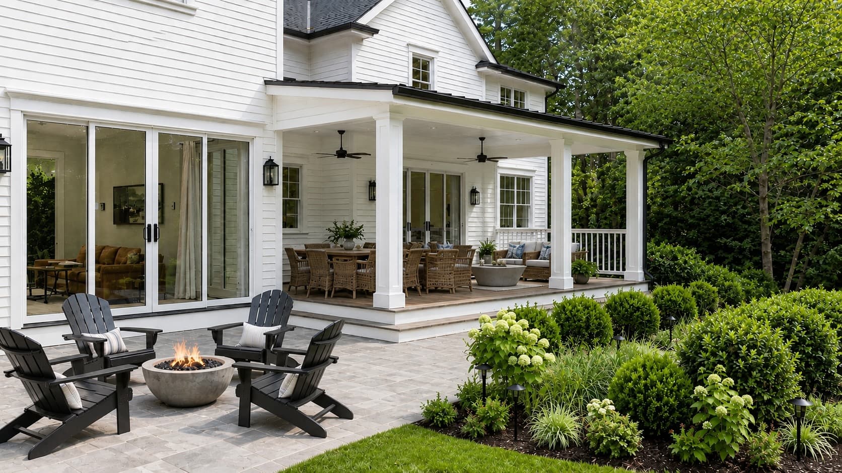 Rendering of covered porch with fire pit in daylight